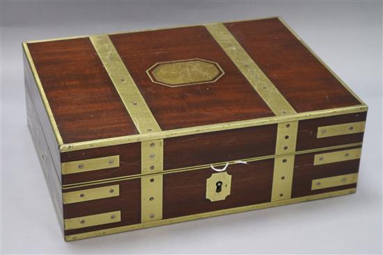 A 19th century mahogany and brass bound pistol box, adapted interior 25 x 33cm